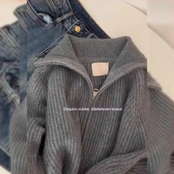 Női kötött kardigán cipzárral és magas gallérral, laza szabású, plusz méret, ősz-télre