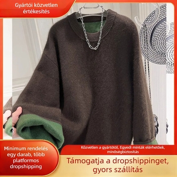 Nylon–Viskóz kötött pulóver, kerek nyakú, lazán szabott, gyűrődésmentes, női, őszi 2025