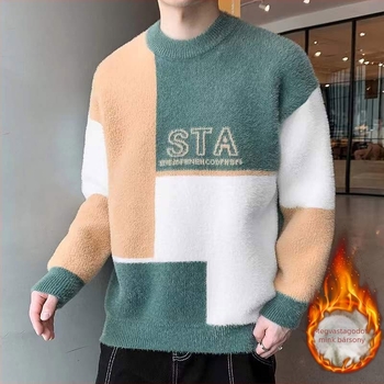 Mink bársonyos kötött pulóver, fél magas gallér, vastag kötés, lazább szabás, intarsia
