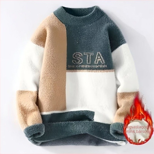 Mink bársonyos kötött pulóver, fél magas gallér, vastag kötés, lazább szabás, intarsia