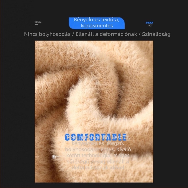 Mink bársonyos kötött pulóver, fél magas gallér, vastag kötés, lazább szabás, intarsia