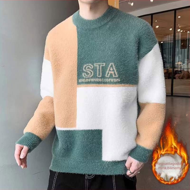 Mink bársonyos kötött pulóver, fél magas gallér, vastag kötés, lazább szabás, intarsia