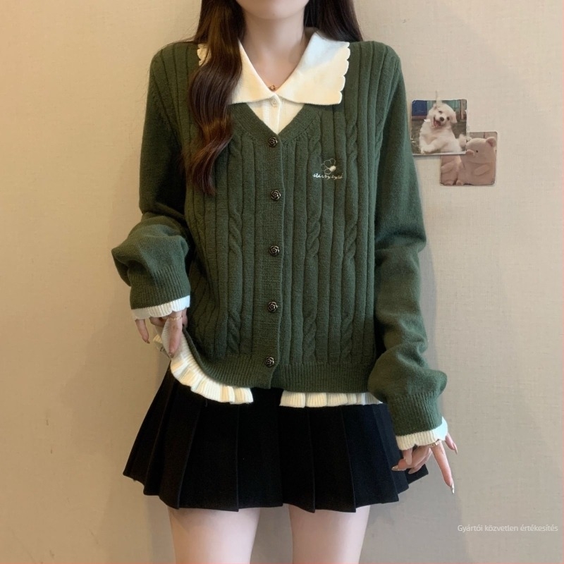 Pluszméretű őszi-téli hamis két részes kötött kardigán Chenille és birka gyapjúval, Doll Collar, ujja nélküli, leomló vállak, gombos részletek