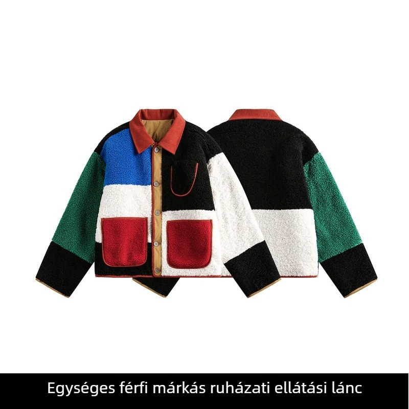 Pamut töltetű kabát levehető béléssel, geometriai színblokkokkal dizájnolt, cipzáras zárás, fleece bélés, poliészter töltet