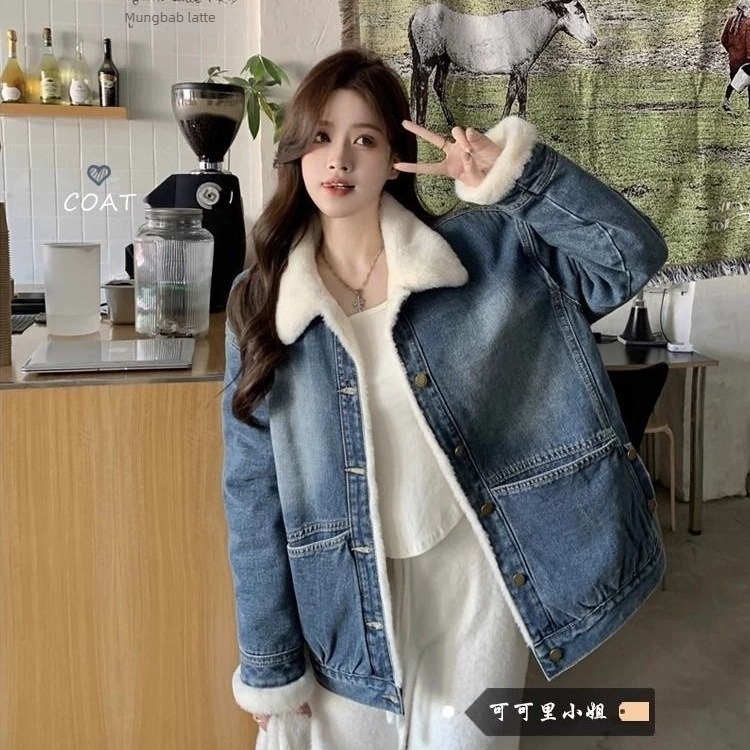 Női farmerdzseki fleece béléssel, vastag és meleg, mosott denim, laza oversize, koreai stílus