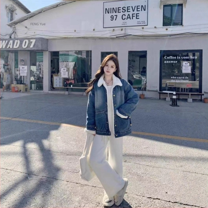 Női farmerdzseki fleece béléssel, vastag és meleg, mosott denim, laza oversize, koreai stílus