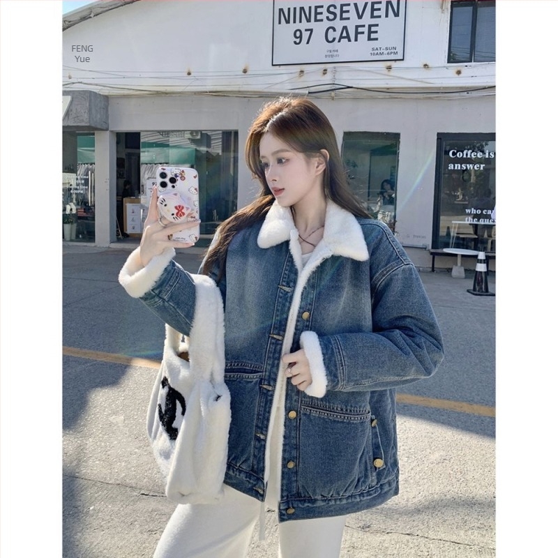 Női farmerdzseki fleece béléssel, vastag és meleg, mosott denim, laza oversize, koreai stílus
