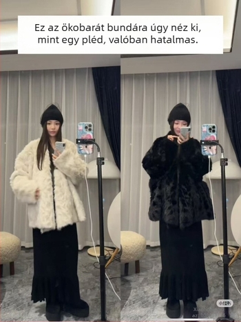 Női műszőrme kabát, oversized szabás, középhosszú, V-nyakú, hosszú ujjú