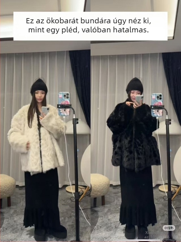 Női műszőrme kabát, oversized szabás, középhosszú, V-nyakú, hosszú ujjú