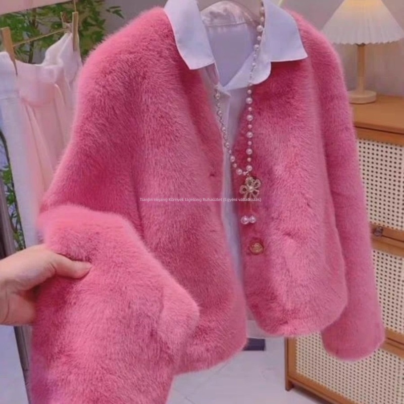 Rövid szőrmekabát Mink szőrme, hosszúság 40–50 cm, polo gallér, hercegnői ujjú, Chenille anyag elasztánnal