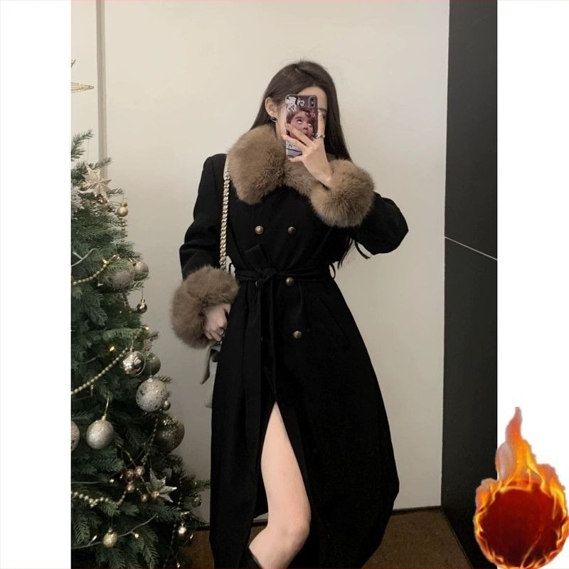 Chenille női kabát szőrmes gallérral, középhosszú, A-vonalú szabás, hosszú ujjú, Spandex <30%