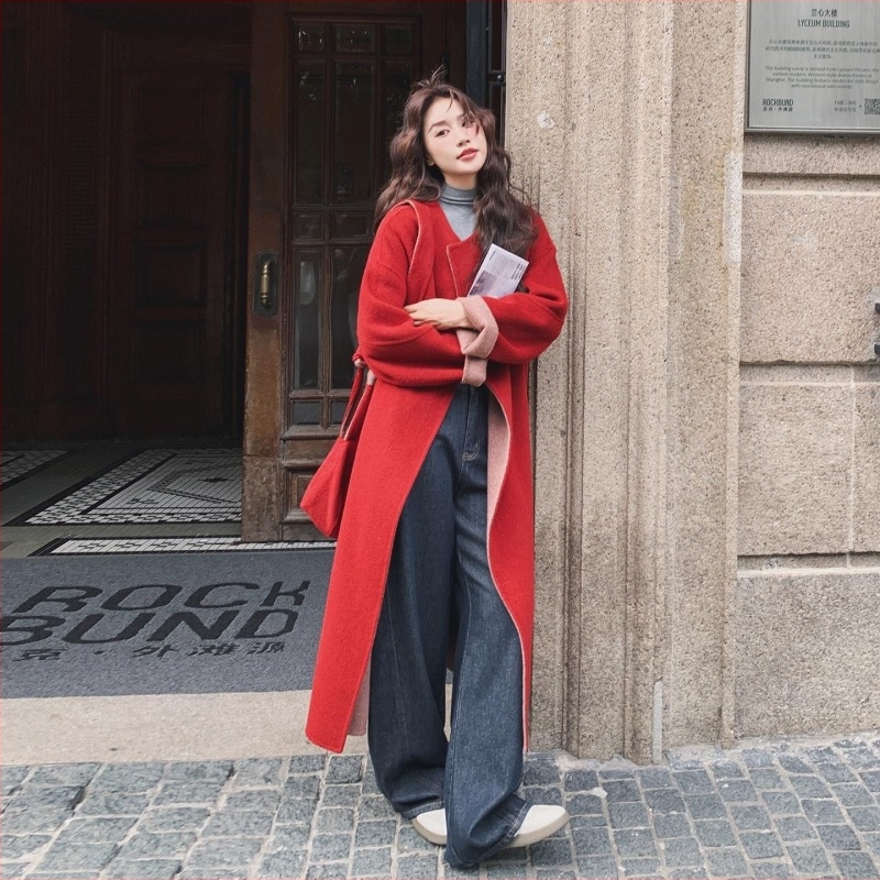 Női téli dupla oldalú kasmírkabát Chenille anyagból, prémes gallér, 3/4-ujjú, rövid szabás, Spandex keverék, japán/koreai laza stílus