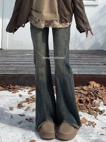 Vintage szakadt szélű fleece-öltött farmernadrág nőknek, téli stílus, magas derekú, csípőfedő, karcsúsító, rugalmas, enyhén bővülő szárú