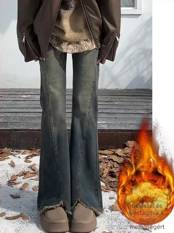 Vintage szakadt szélű fleece-öltött farmernadrág nőknek, téli stílus, magas derekú, csípőfedő, karcsúsító, rugalmas, enyhén bővülő szárú