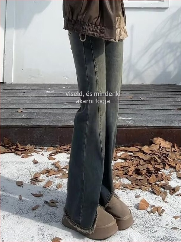 Vintage szakadt szélű fleece-öltött farmernadrág nőknek, téli stílus, magas derekú, csípőfedő, karcsúsító, rugalmas, enyhén bővülő szárú