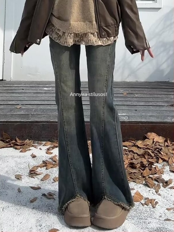 Vintage szakadt szélű fleece-öltött farmernadrág nőknek, téli stílus, magas derekú, csípőfedő, karcsúsító, rugalmas, enyhén bővülő szárú