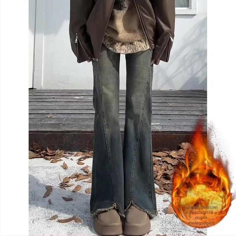 Vintage szakadt szélű fleece-öltött farmernadrág nőknek, téli stílus, magas derekú, csípőfedő, karcsúsító, rugalmas, enyhén bővülő szárú