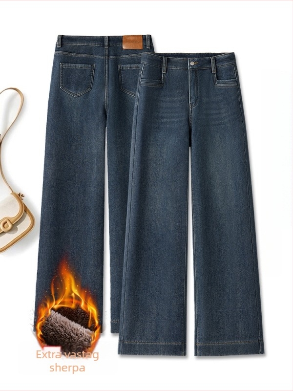 Női vastag fleece-bélésű denim farmernadrág, magas derék, egyenes szabás, lazább fazon, plusz méret, téli meleg