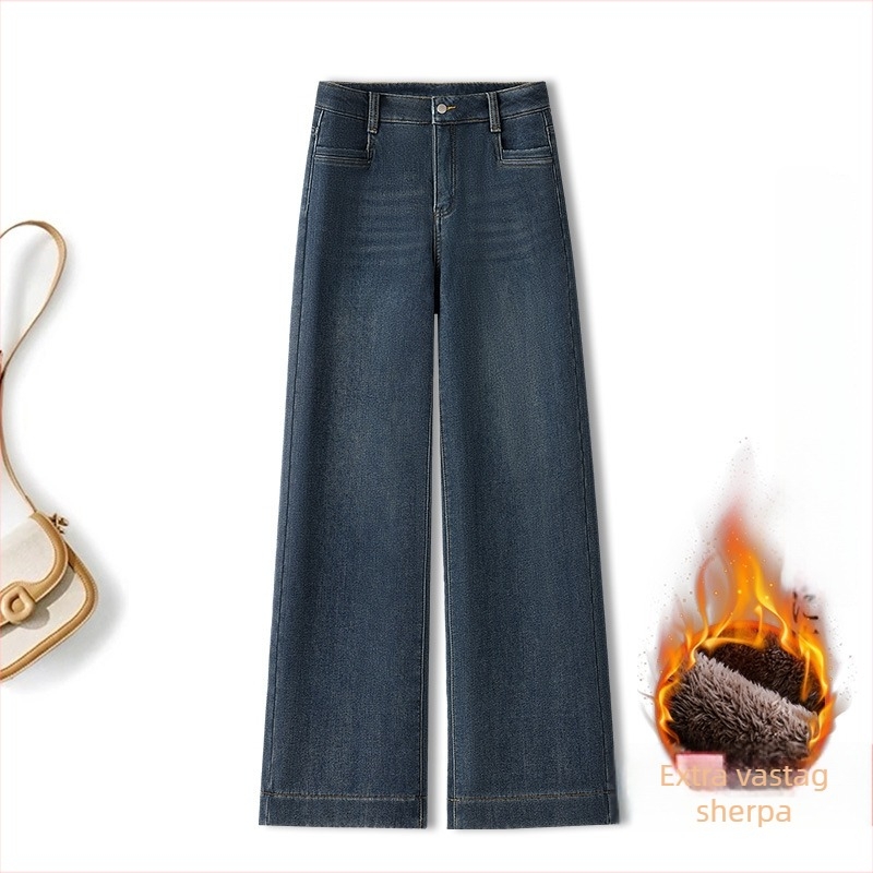 Női vastag fleece-bélésű denim farmernadrág, magas derék, egyenes szabás, lazább fazon, plusz méret, téli meleg