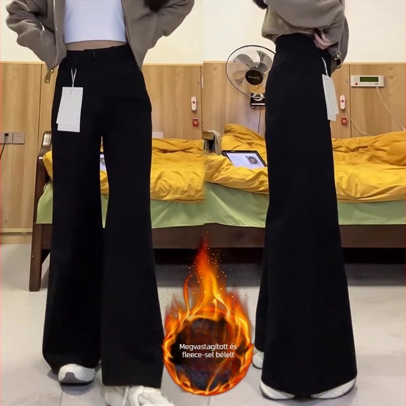 Denim farmer nadrág polár bélésével, magas derék, vast anyag, széles lábú, trapéz szabású