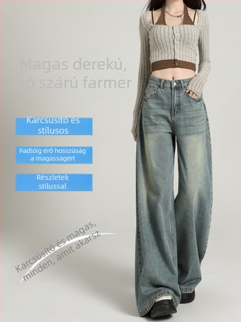 Plusz méretű női farmernadrág, magas derekú, széles lábszár, hosszú, padlóra érő, denim