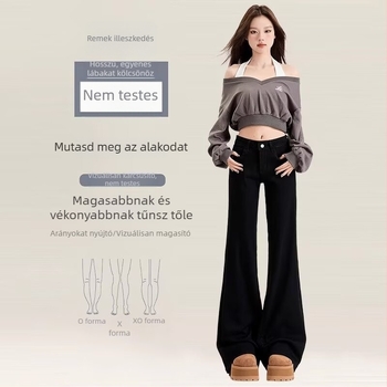 Rugalmas anyagú, magas derekú fekete női farmer, plusz méret, laza szabás, őszi modell, karcsúsító hatás, optikailag meghosszabbítja a siluettet.