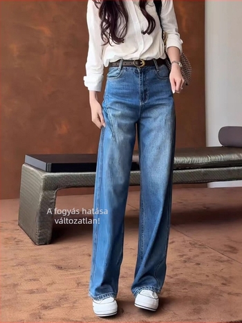 Denim farmernadrág, magas derekú, széles szárú, hosszú, gyűrődésmentes