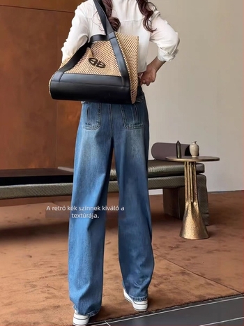 Denim farmernadrág, magas derekú, széles szárú, hosszú, gyűrődésmentes