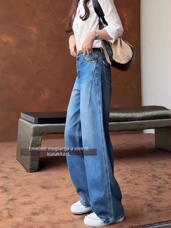 Denim farmernadrág, magas derekú, széles szárú, hosszú, gyűrődésmentes