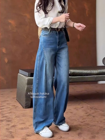 Denim farmernadrág, magas derekú, széles szárú, hosszú, gyűrődésmentes