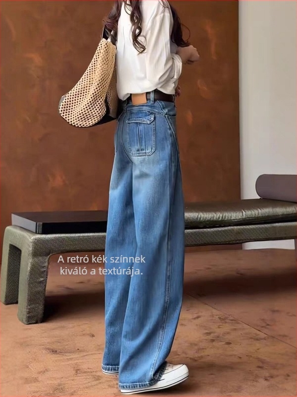 Denim farmernadrág, magas derekú, széles szárú, hosszú, gyűrődésmentes