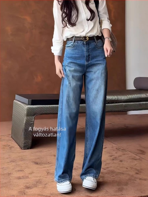 Denim farmernadrág, magas derekú, széles szárú, hosszú, gyűrődésmentes