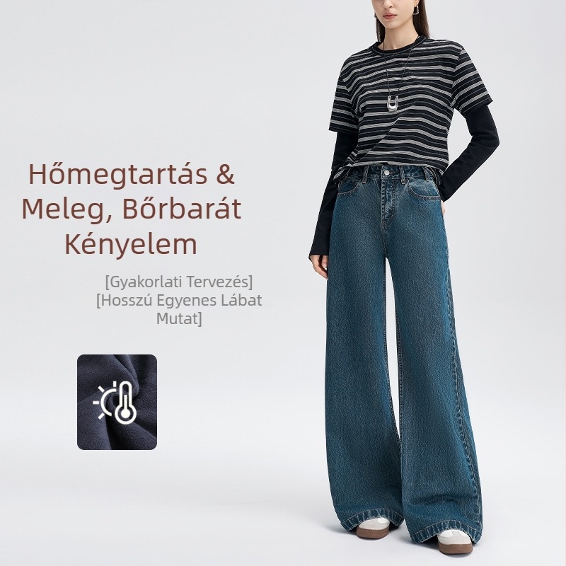 Velúr béléses farmernadrág, vastag denim, laza derékrész, széles szabású, téli 2025