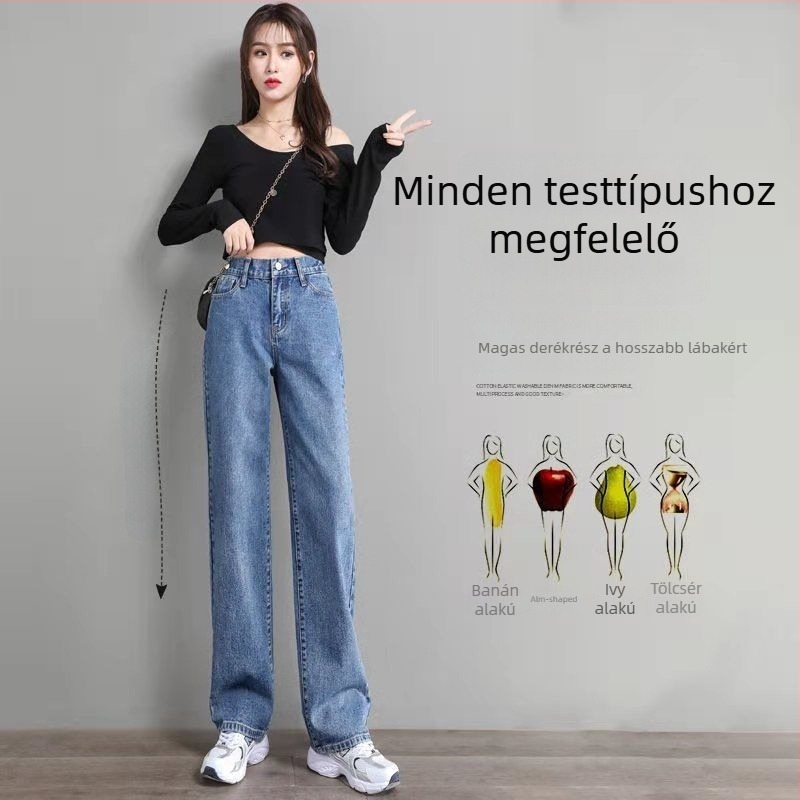 Denim farmernadrág magas derékkal, széles szárú, mikro-elasztikus, 70–80% pamut