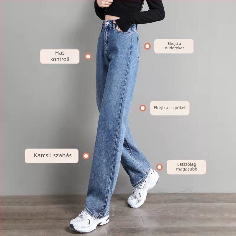 Denim farmernadrág magas derékkal, széles szárú, mikro-elasztikus, 70–80% pamut