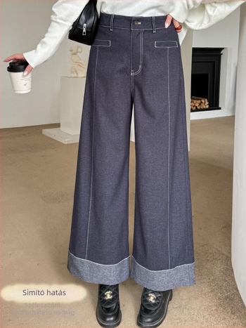 K3184 Plusz-méretű széles lábú nadrág, mű denim hatás, felhajtott szél, egyenes szabás, 9/10 hossz, nőknek