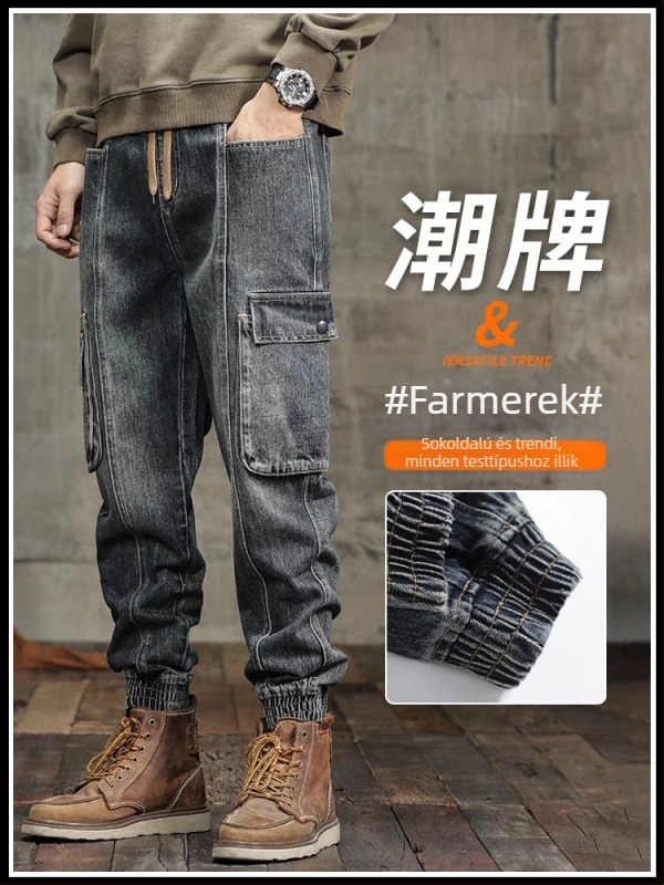 Férfi denimnadrág retro stílusban, laza szabású, középtalpas derék, kötős zárás, mosott farmer