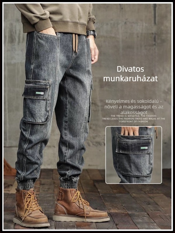 Férfi denimnadrág retro stílusban, laza szabású, középtalpas derék, kötős zárás, mosott farmer