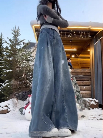 Női farmer - magas derék, vastagított denim, széles szárú, velúr bélés
