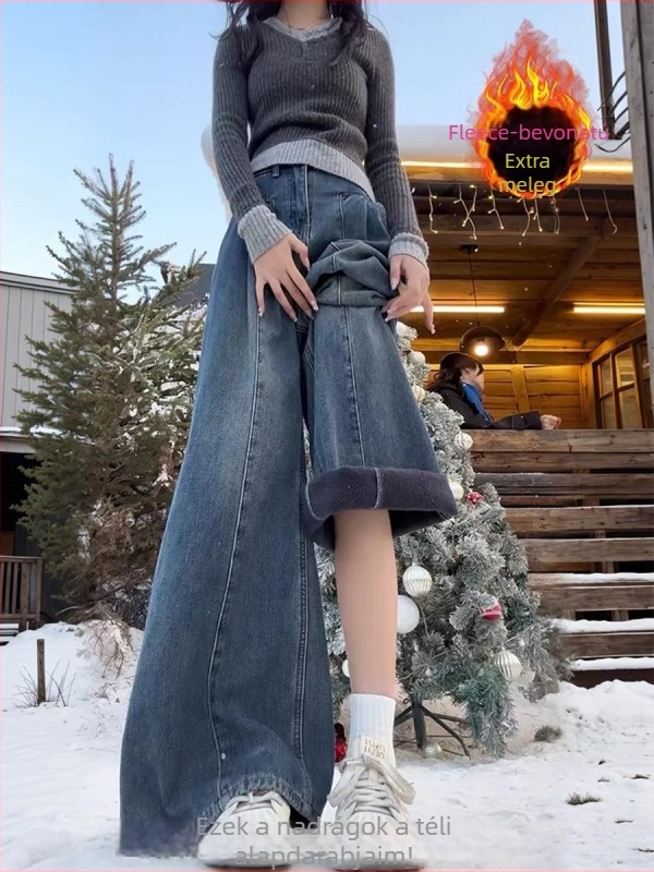 Női farmer - magas derék, vastagított denim, széles szárú, velúr bélés