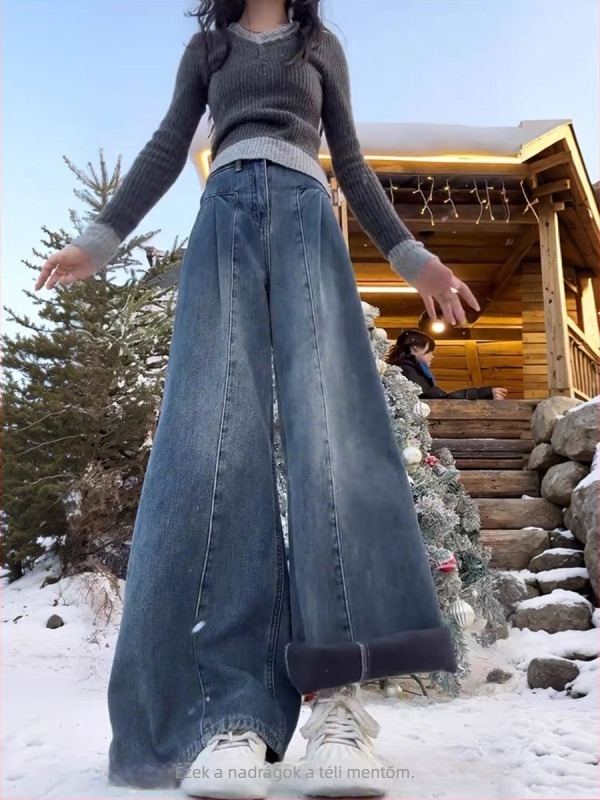 Női farmer - magas derék, vastagított denim, széles szárú, velúr bélés