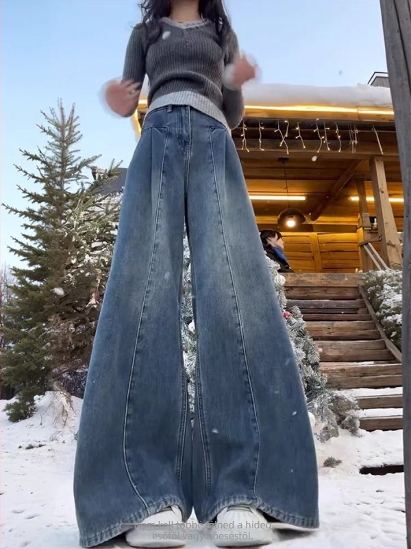 Női farmer - magas derék, vastagított denim, széles szárú, velúr bélés