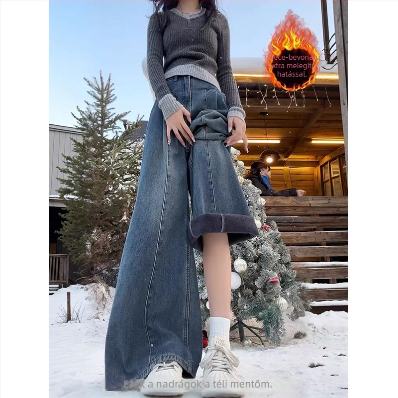 Női farmer - magas derék, vastagított denim, széles szárú, velúr bélés