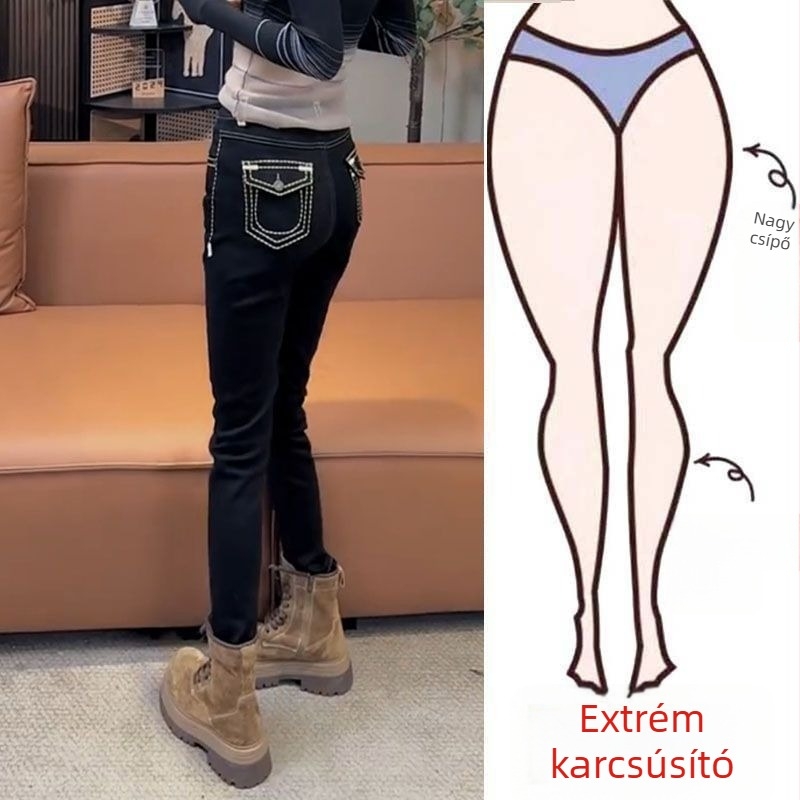 Pamut denim farmernadrág, ceruza szabású, magas derekú, hossz 9/10, sűrű anyag