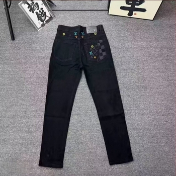 Férfi egyenes szárú farmer, hímzéssel, vastag denim, középső derék, kötős zár, mindennapi viselet