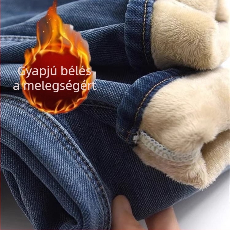 Női farmernadrág fleece-belsővel, rugalmas, plusz-méret, magas derék, körte alkatot karcsúsító, meleg hosszúnadrág