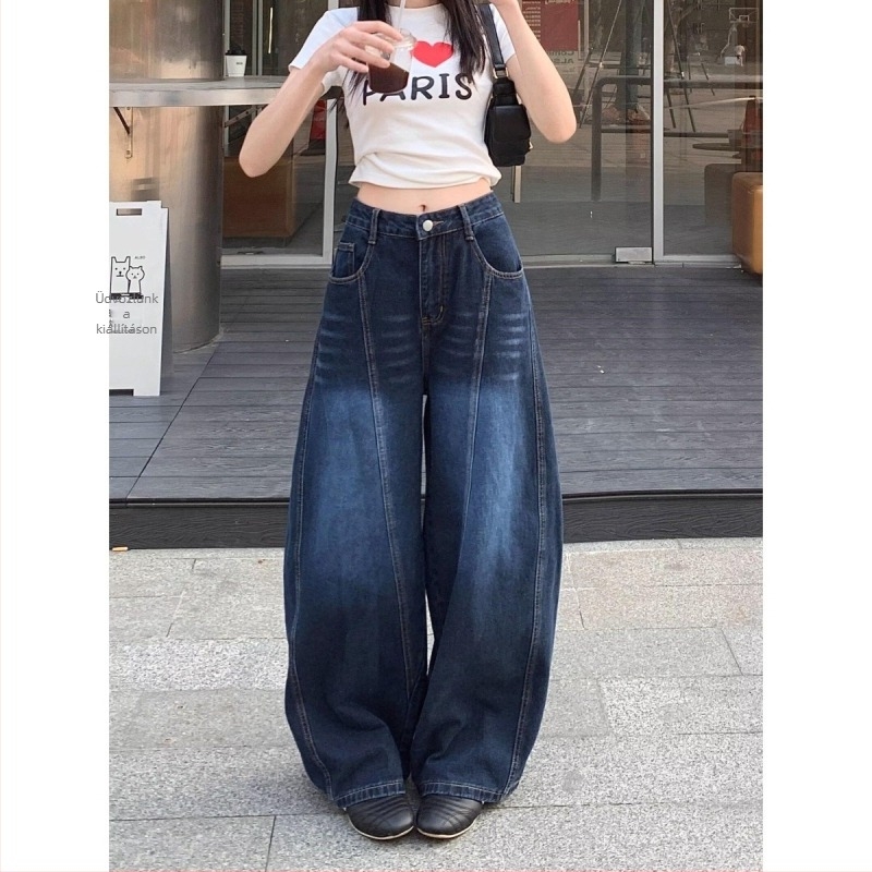 Női denim pamut farmernadrág, magas derékkal, széles szárú, hosszú, hímzett
