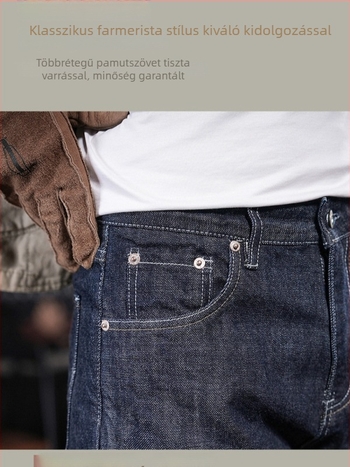 Férfi egyenes szabású farmernadrág, 100% pamut denim, középmagas derék, cipzáras zseb, mosott