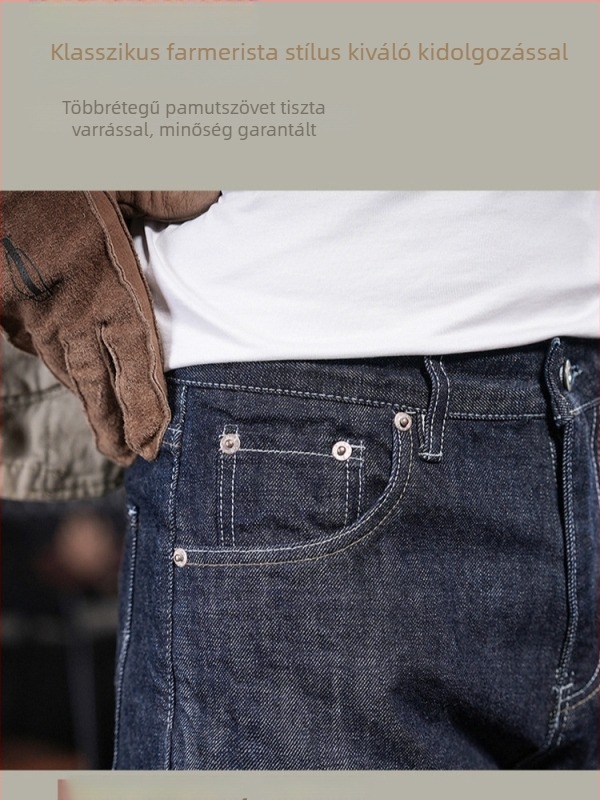 Férfi egyenes szabású farmernadrág, 100% pamut denim, középmagas derék, cipzáras zseb, mosott