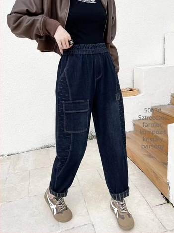 Plusz méret téli farmernadrág, lazán szabott, vastag fleece béléssel, elasztikus derék, harém-stílusú